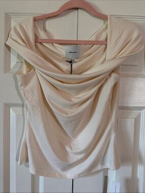 Reformation Cream Draped Cowl Neck Top with Wide Shoulders